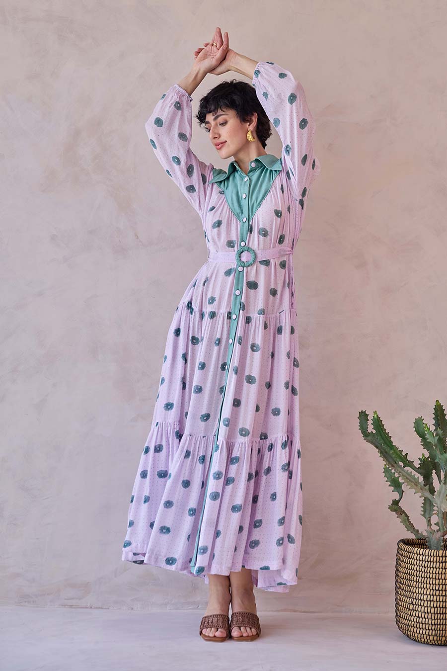 Lilac Dot Meadow Handblock Chanderi Silk Dress