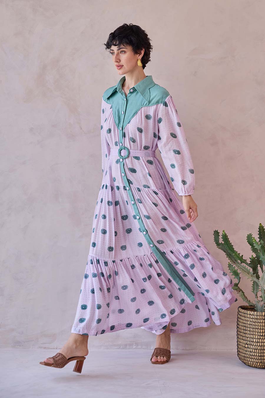 Lilac Dot Meadow Handblock Chanderi Silk Dress