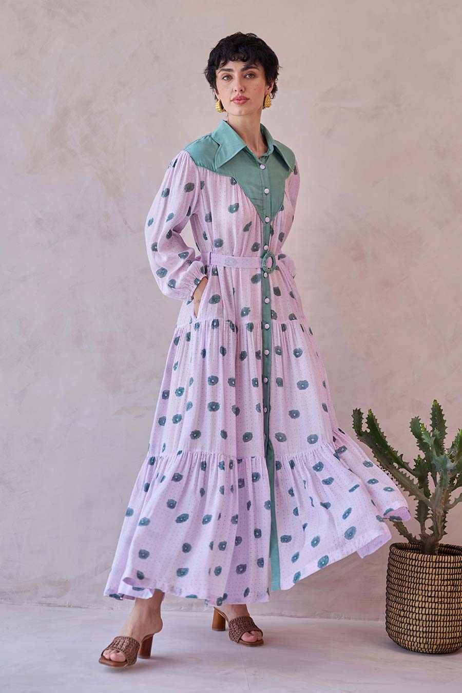 Lilac Dot Meadow Handblock Chanderi Silk Dress