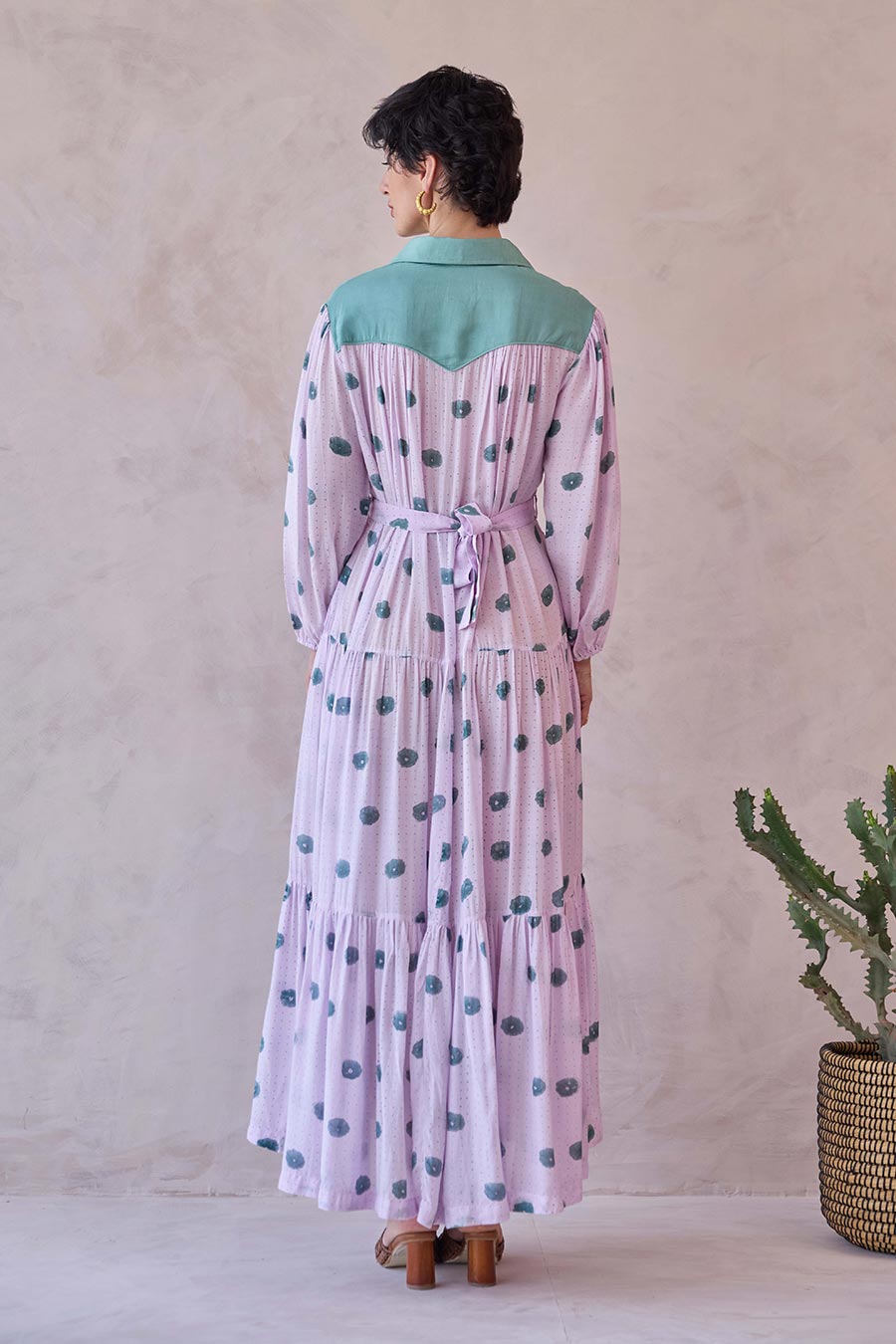 Lilac Dot Meadow Handblock Chanderi Silk Dress