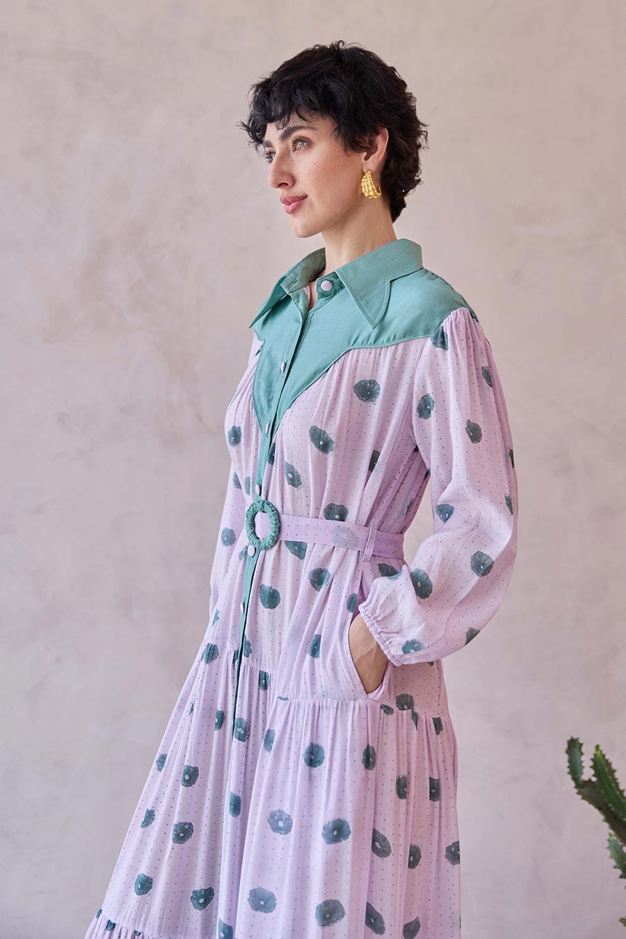 Lilac Dot Meadow Handblock Chanderi Silk Dress