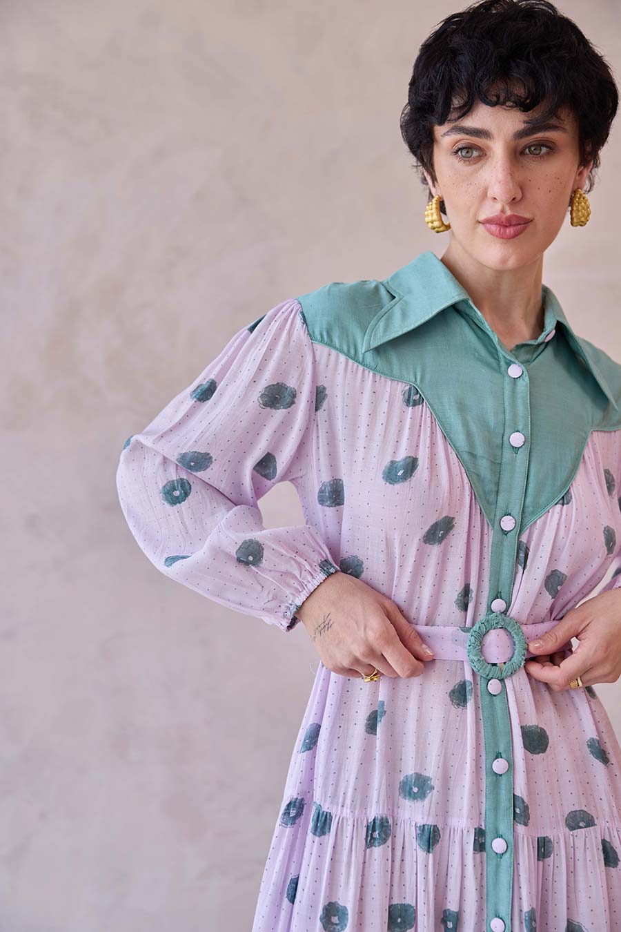 Lilac Dot Meadow Handblock Chanderi Silk Dress