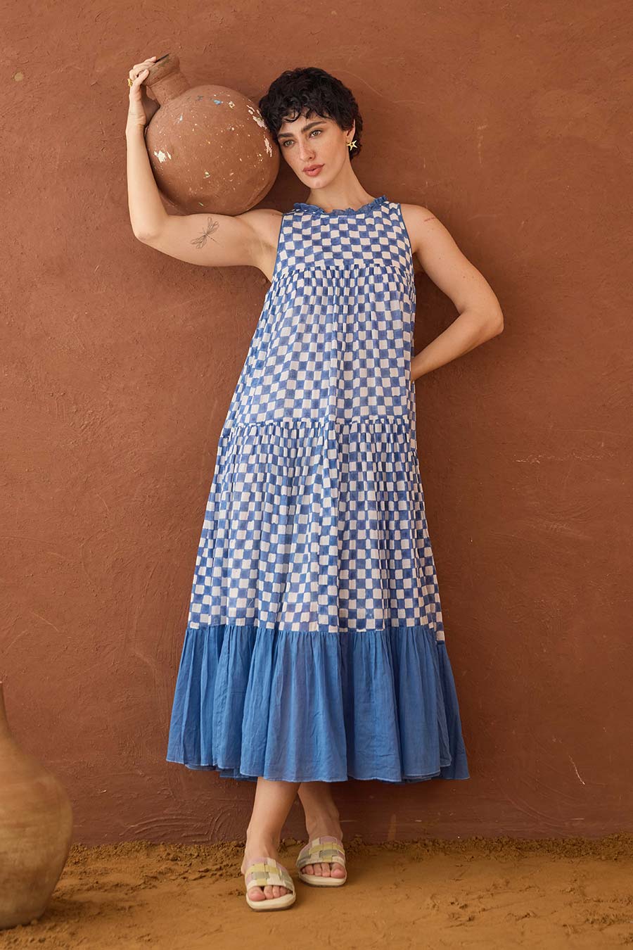 Breezy Blues Handblock Checks Cotton Dress