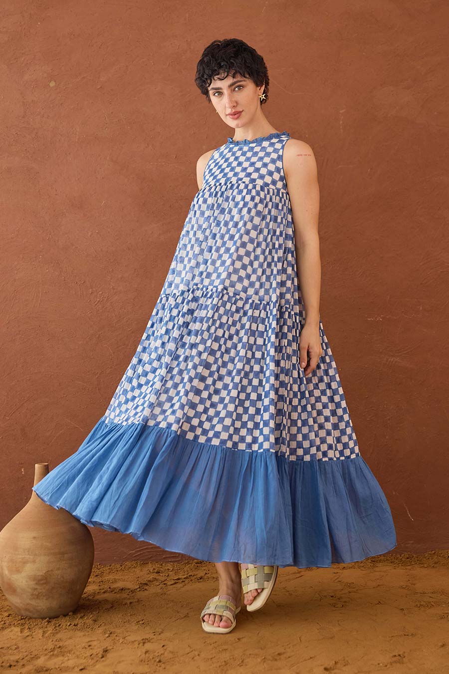Breezy Blues Handblock Checks Cotton Dress