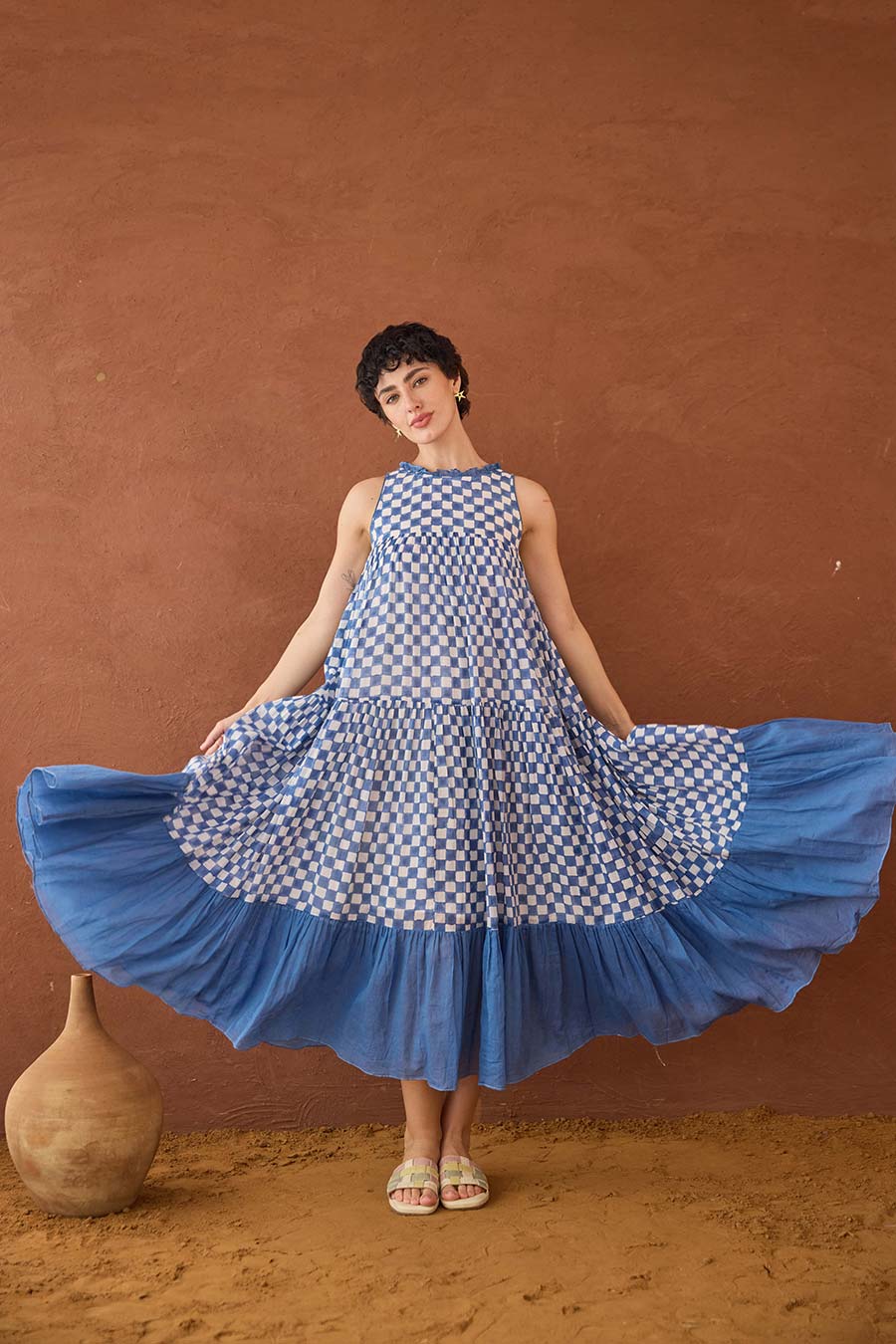Breezy Blues Handblock Checks Cotton Dress