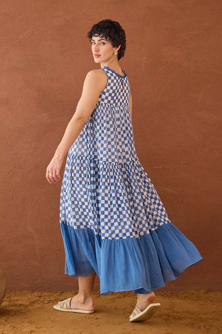 Breezy Blues Handblock Checks Cotton Dress