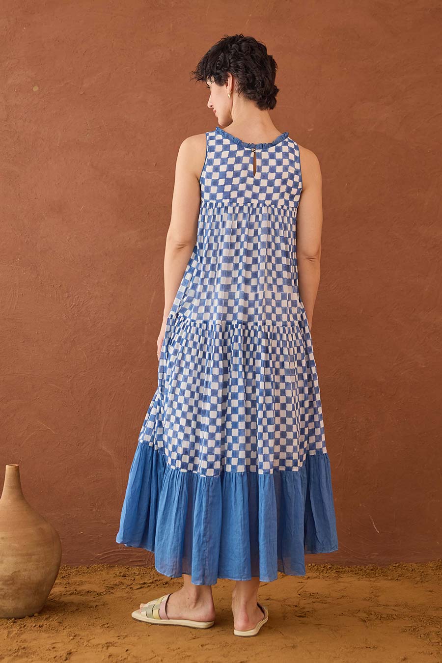 Breezy Blues Handblock Checks Cotton Dress