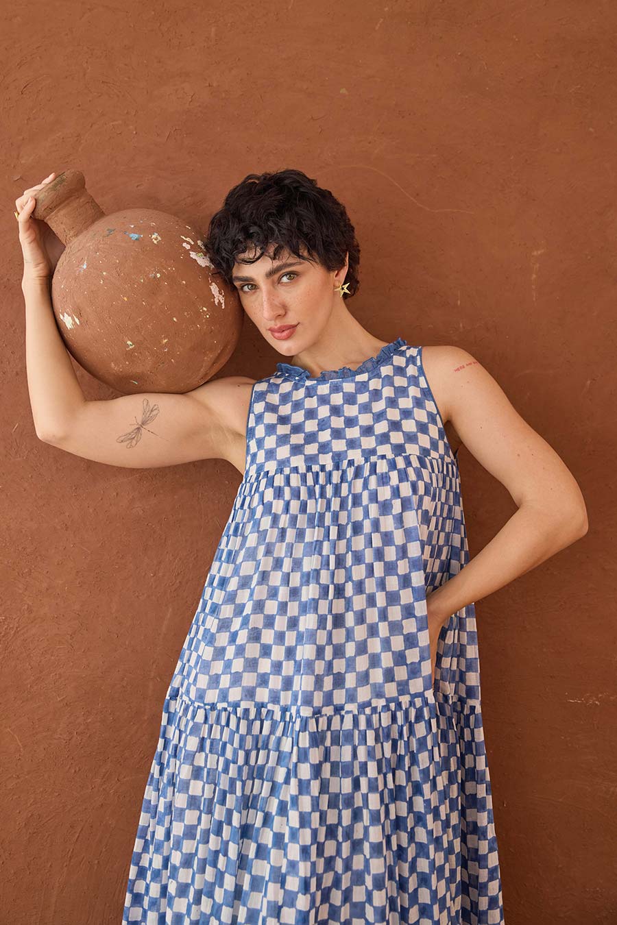 Breezy Blues Handblock Checks Cotton Dress