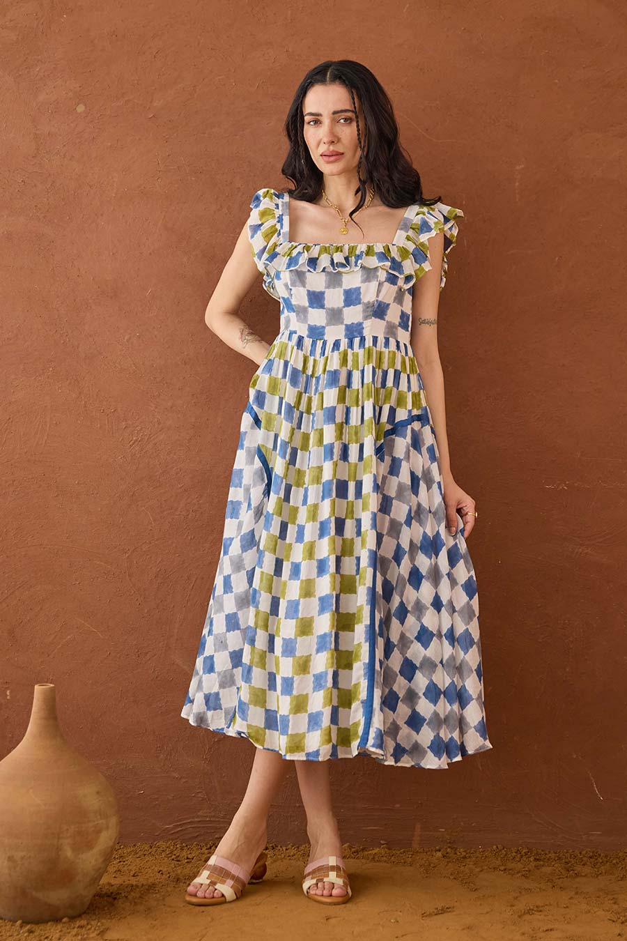 Sky Sketch Blue Handblock Checks Cotton Dress