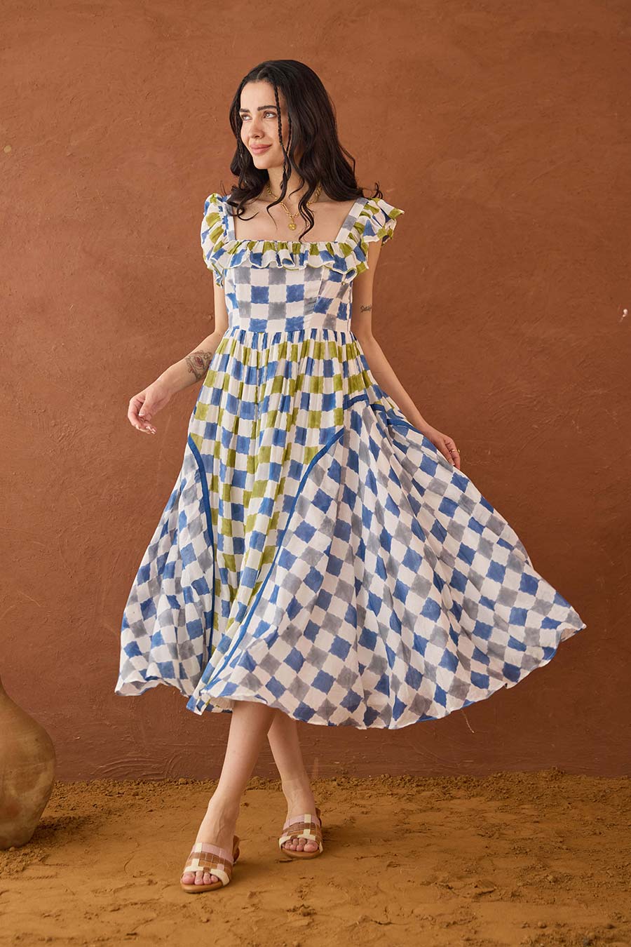 Sky Sketch Blue Handblock Checks Cotton Dress