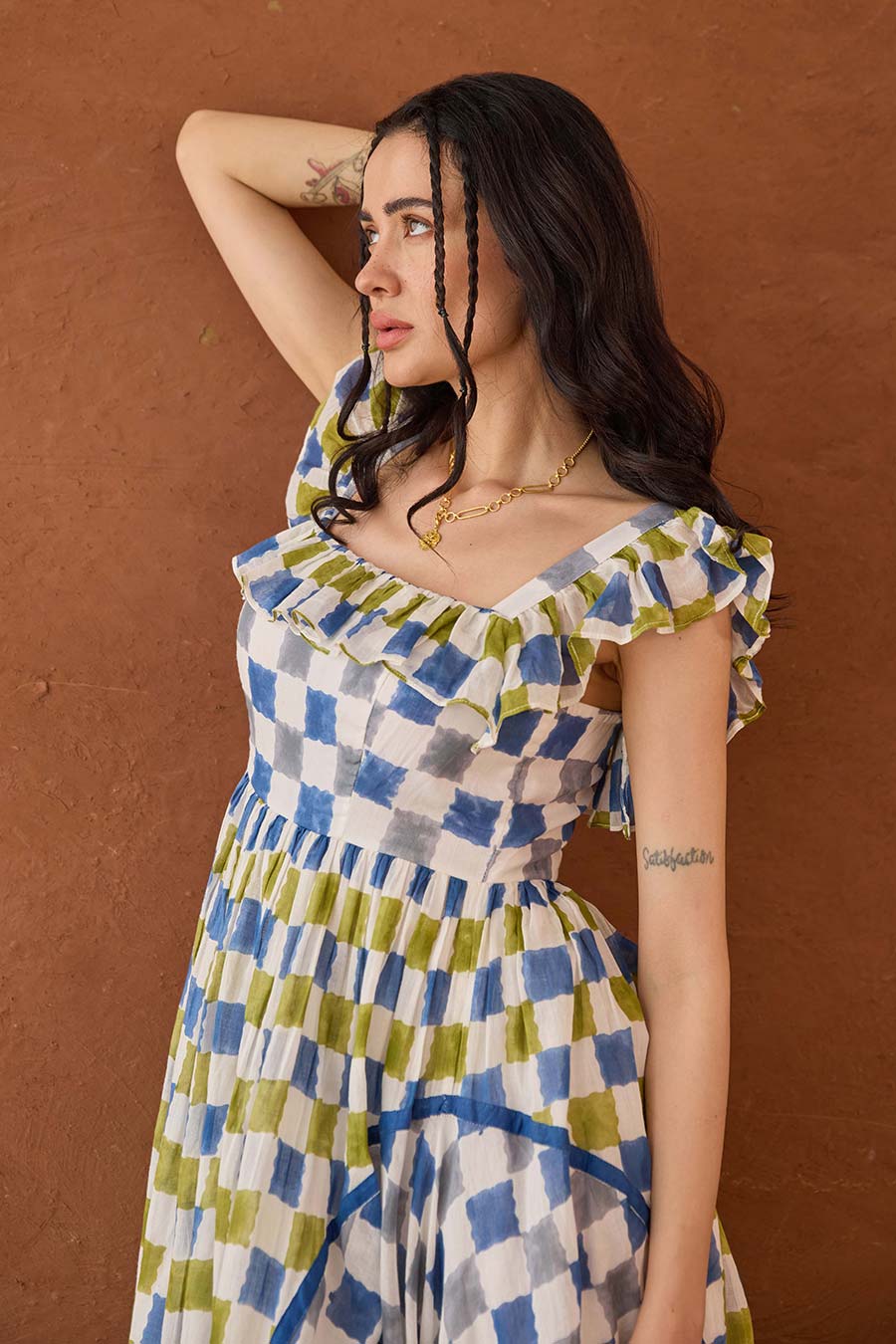 Sky Sketch Blue Handblock Checks Cotton Dress