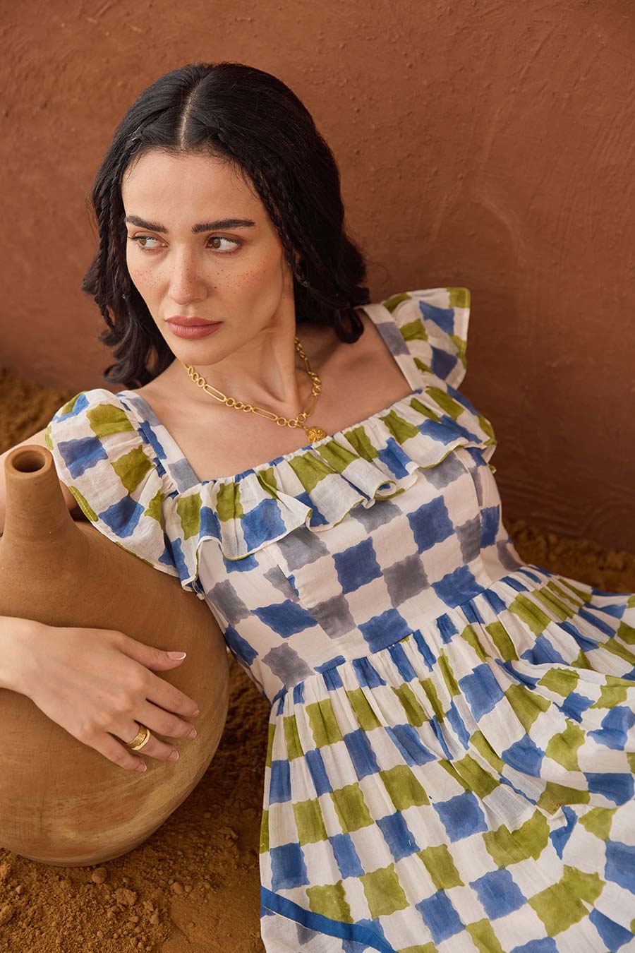 Sky Sketch Blue Handblock Checks Cotton Dress