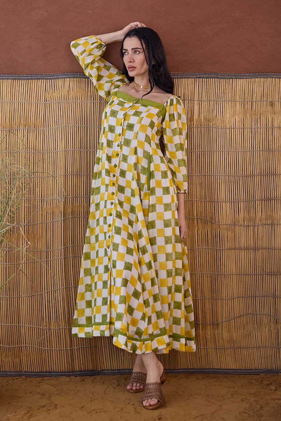 Lemon Zest Green Handblock Checks Cotton Dress