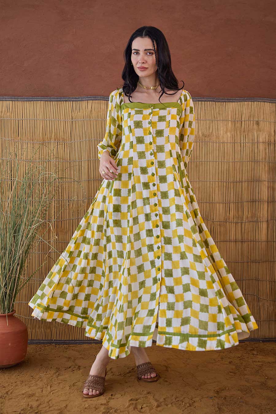Lemon Zest Green Handblock Checks Cotton Dress