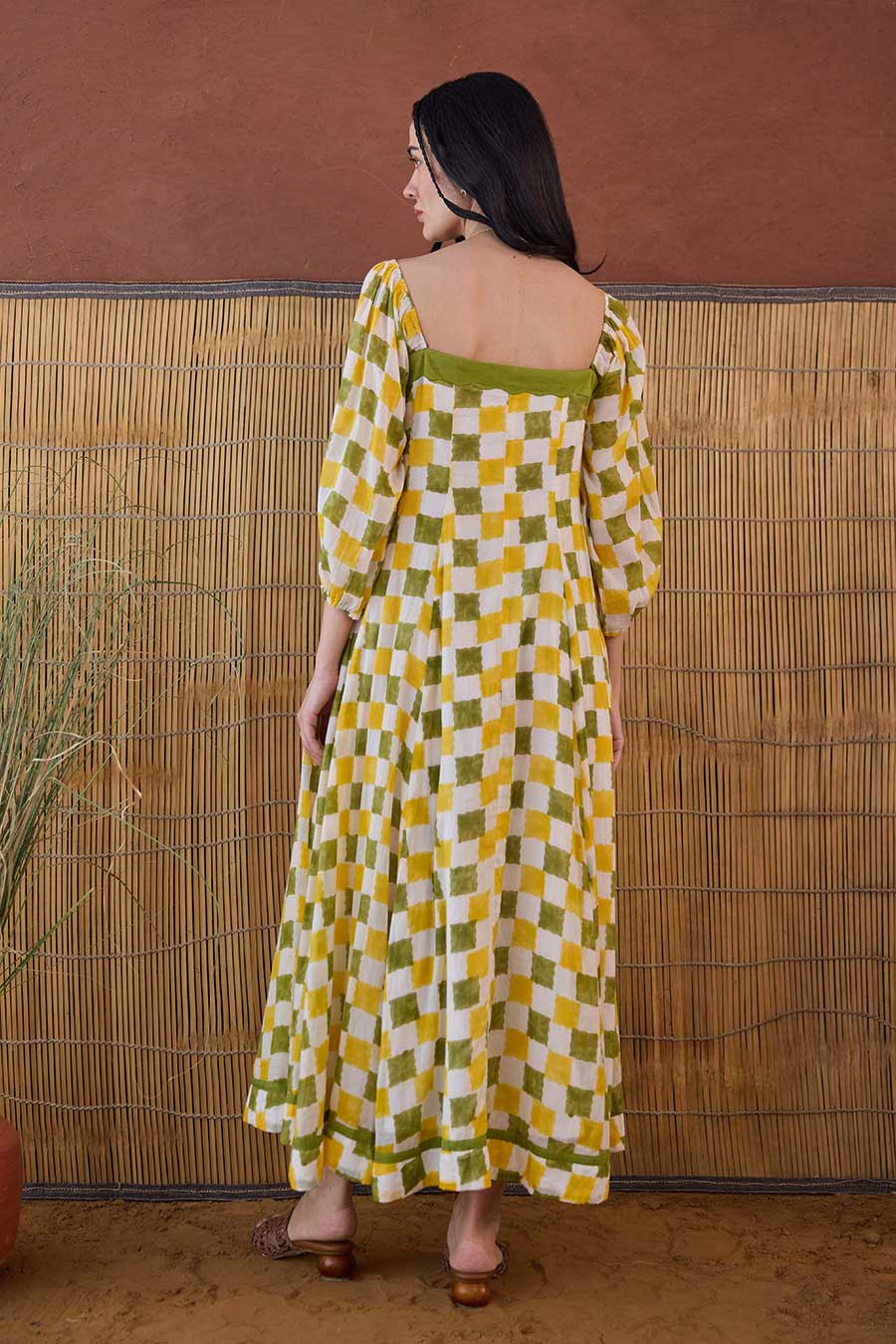 Lemon Zest Green Handblock Checks Cotton Dress