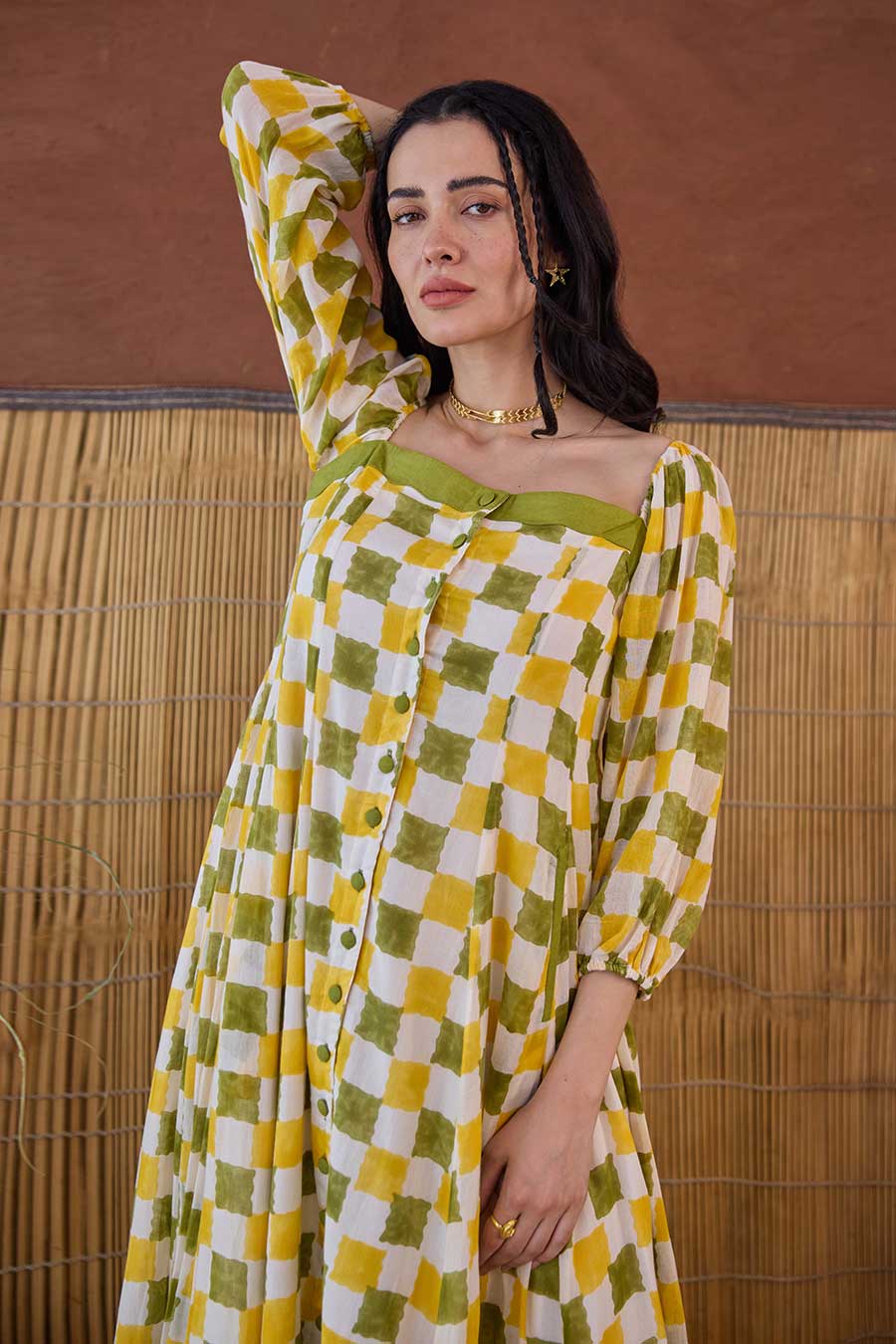 Lemon Zest Green Handblock Checks Cotton Dress