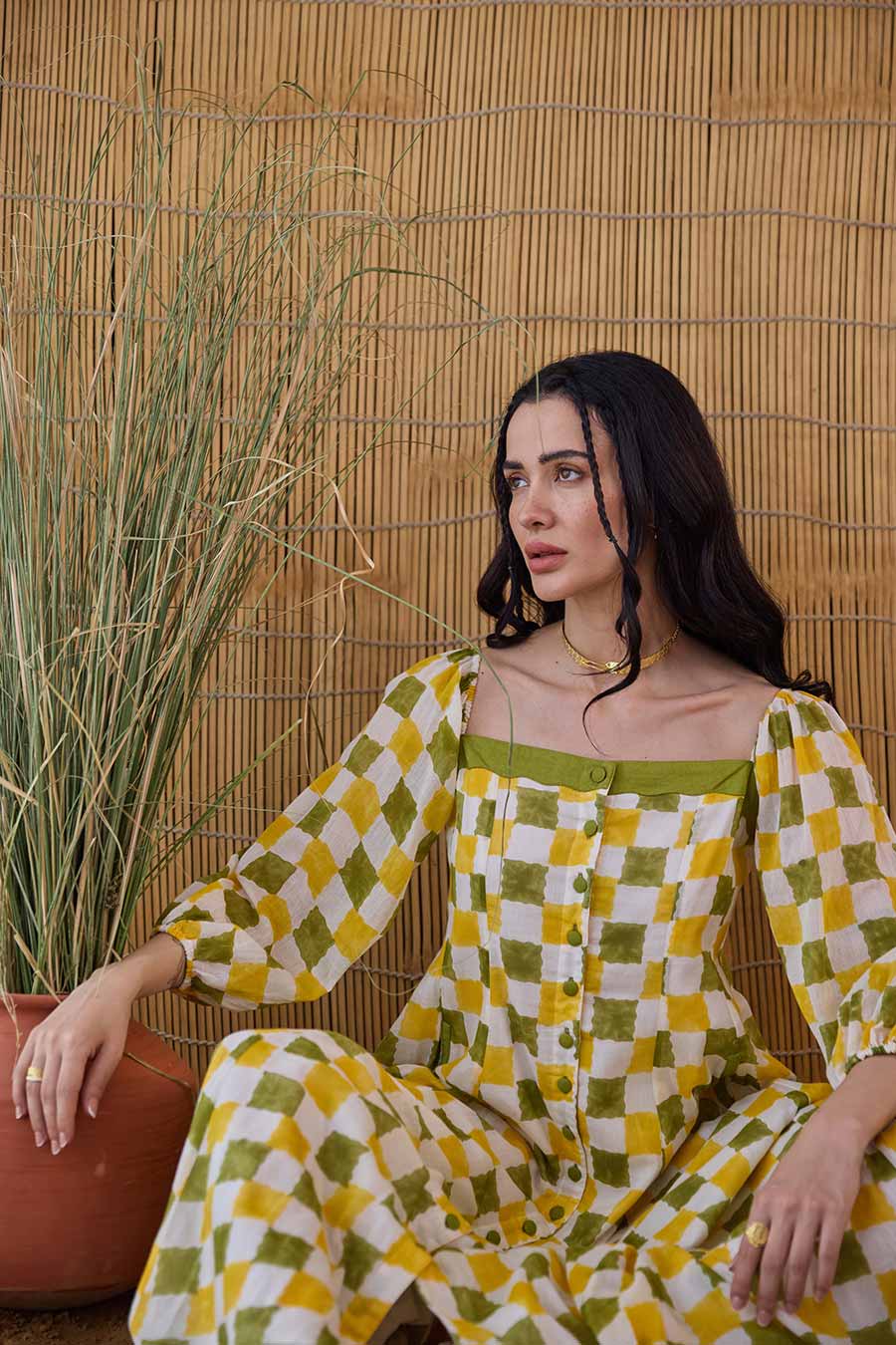Lemon Zest Green Handblock Checks Cotton Dress