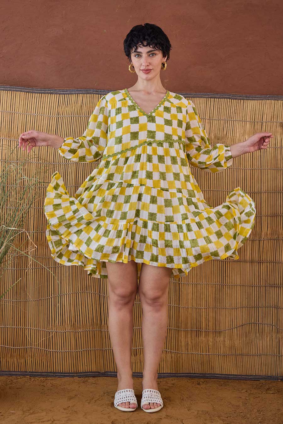Lush Line Handblock Checks Cotton Dress