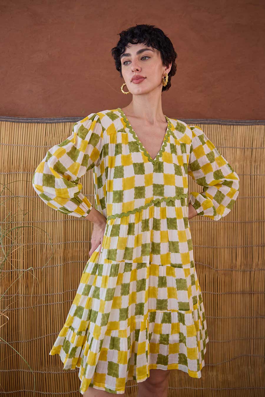 Lush Line Handblock Checks Cotton Dress