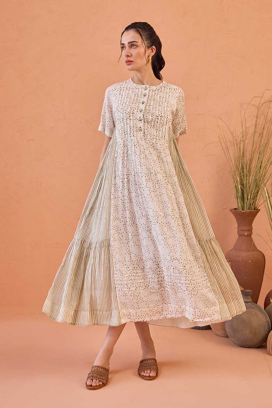 Mossy Mist White Handblock Print Cotton Dress