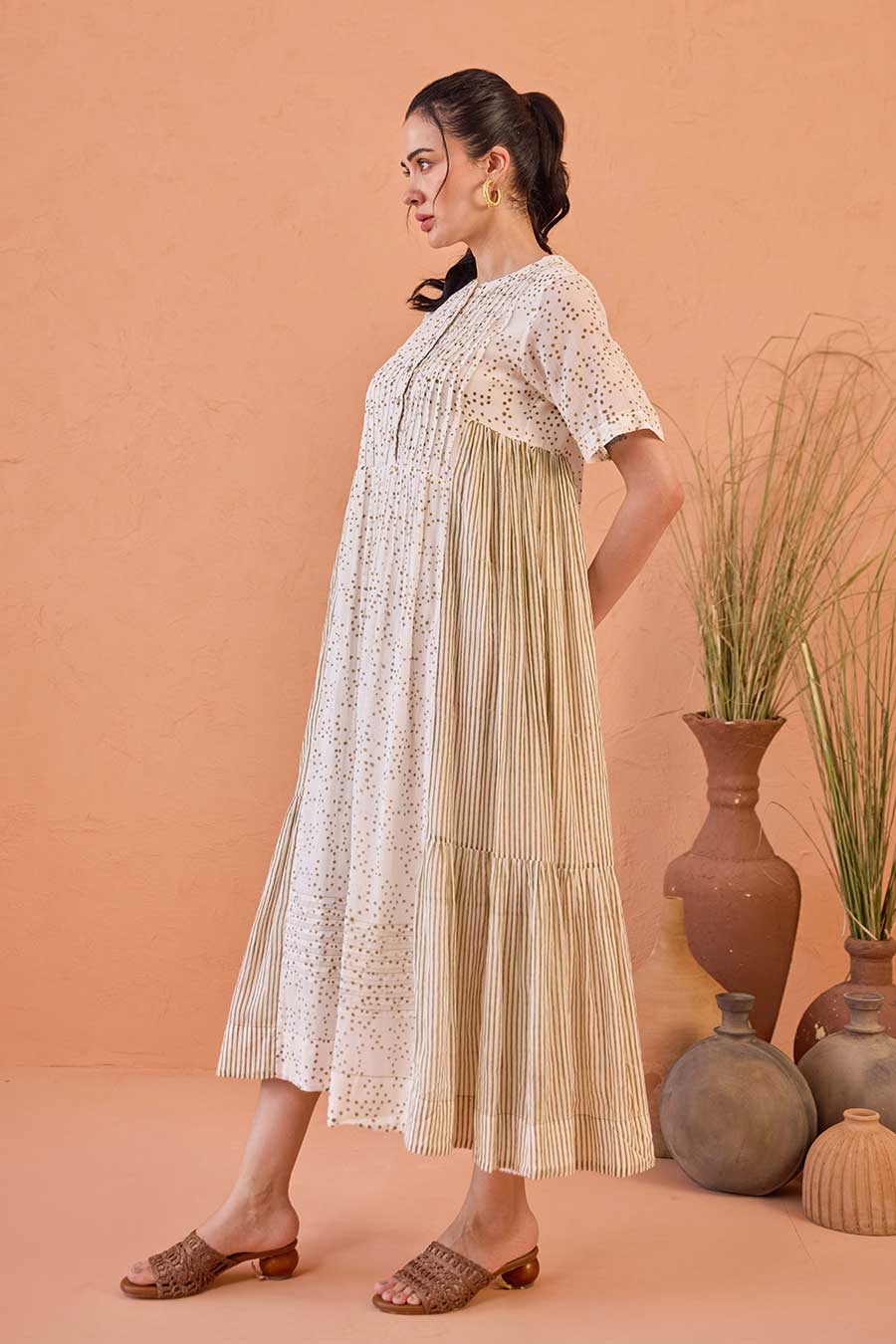 Mossy Mist White Handblock Print Cotton Dress