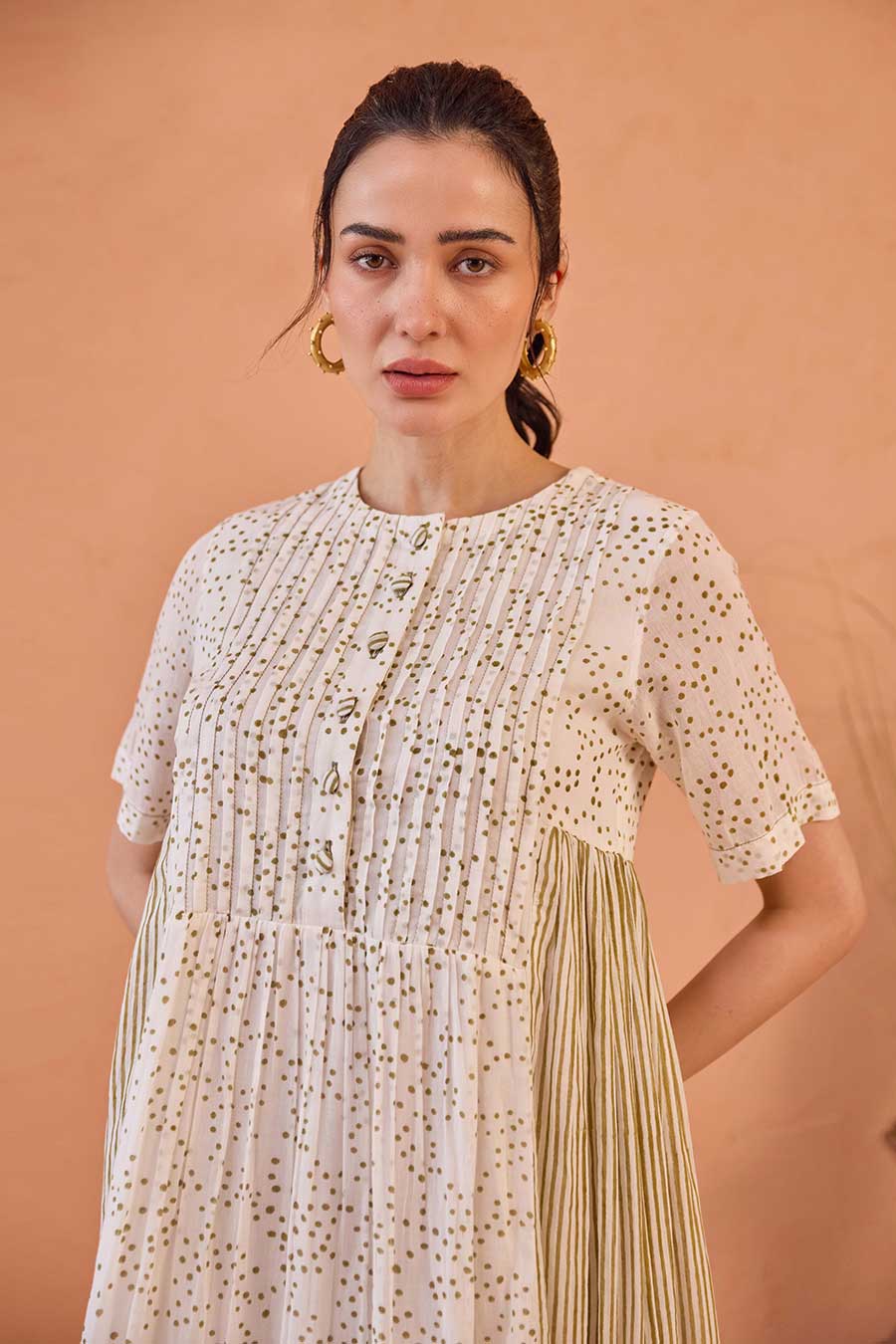 Mossy Mist White Handblock Print Cotton Dress