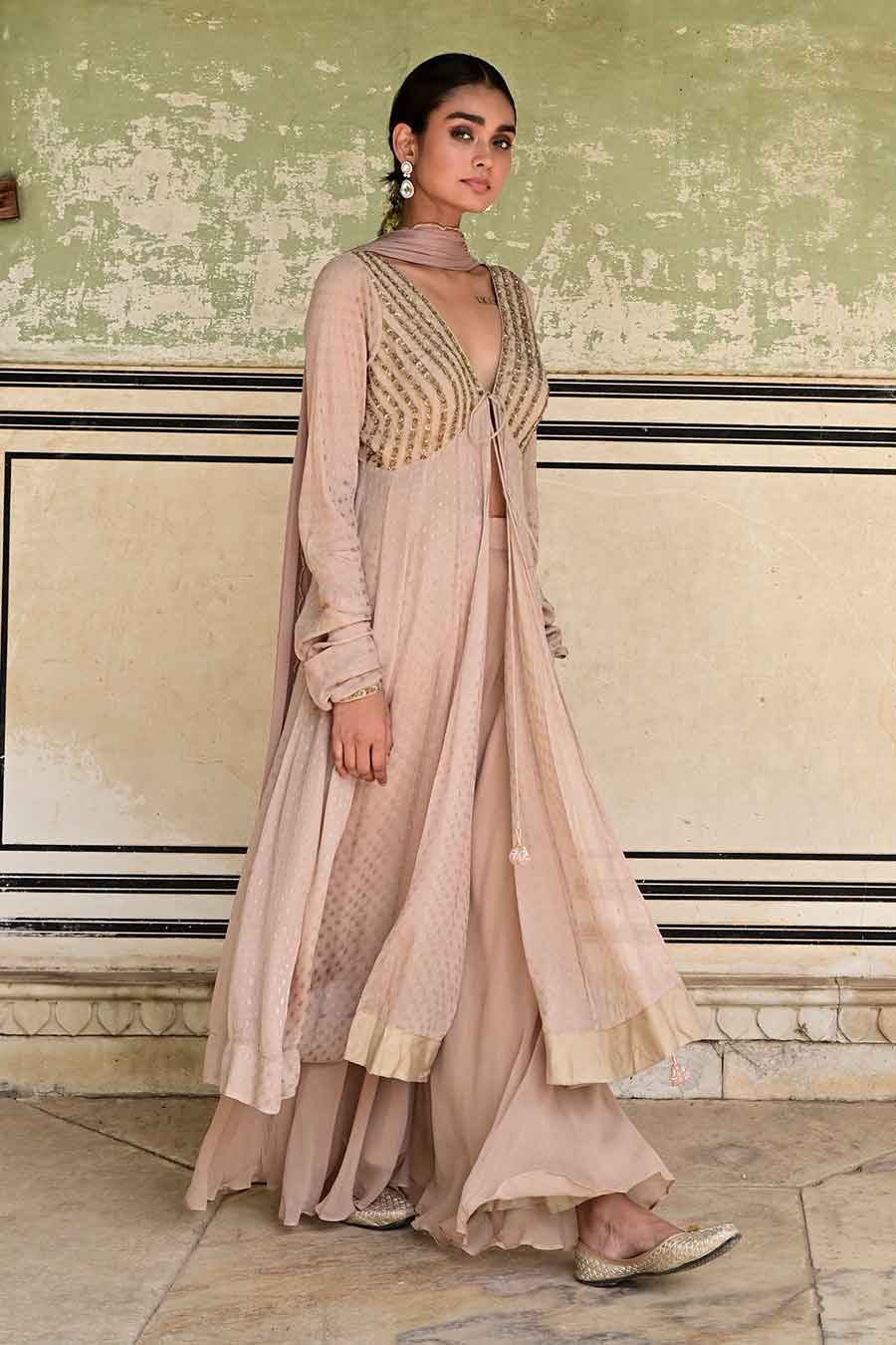 Gulnaar Beige Embroidered Kurta Set