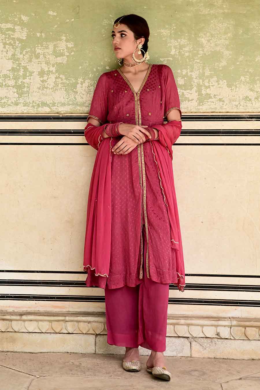 Surkh Wine Red Embroidered Kurta Set