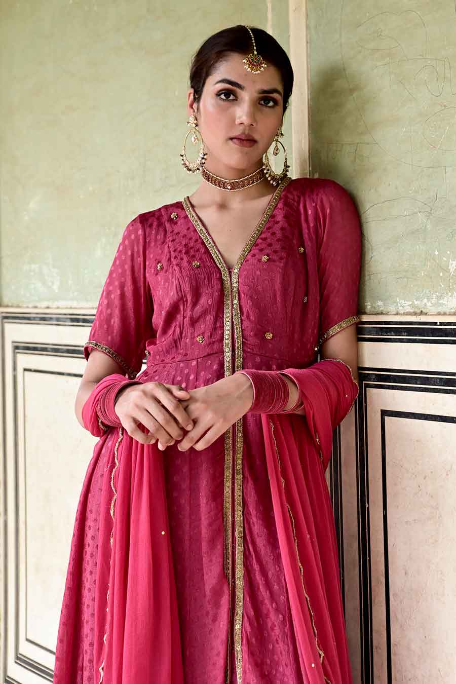 Surkh Wine Red Embroidered Kurta Set