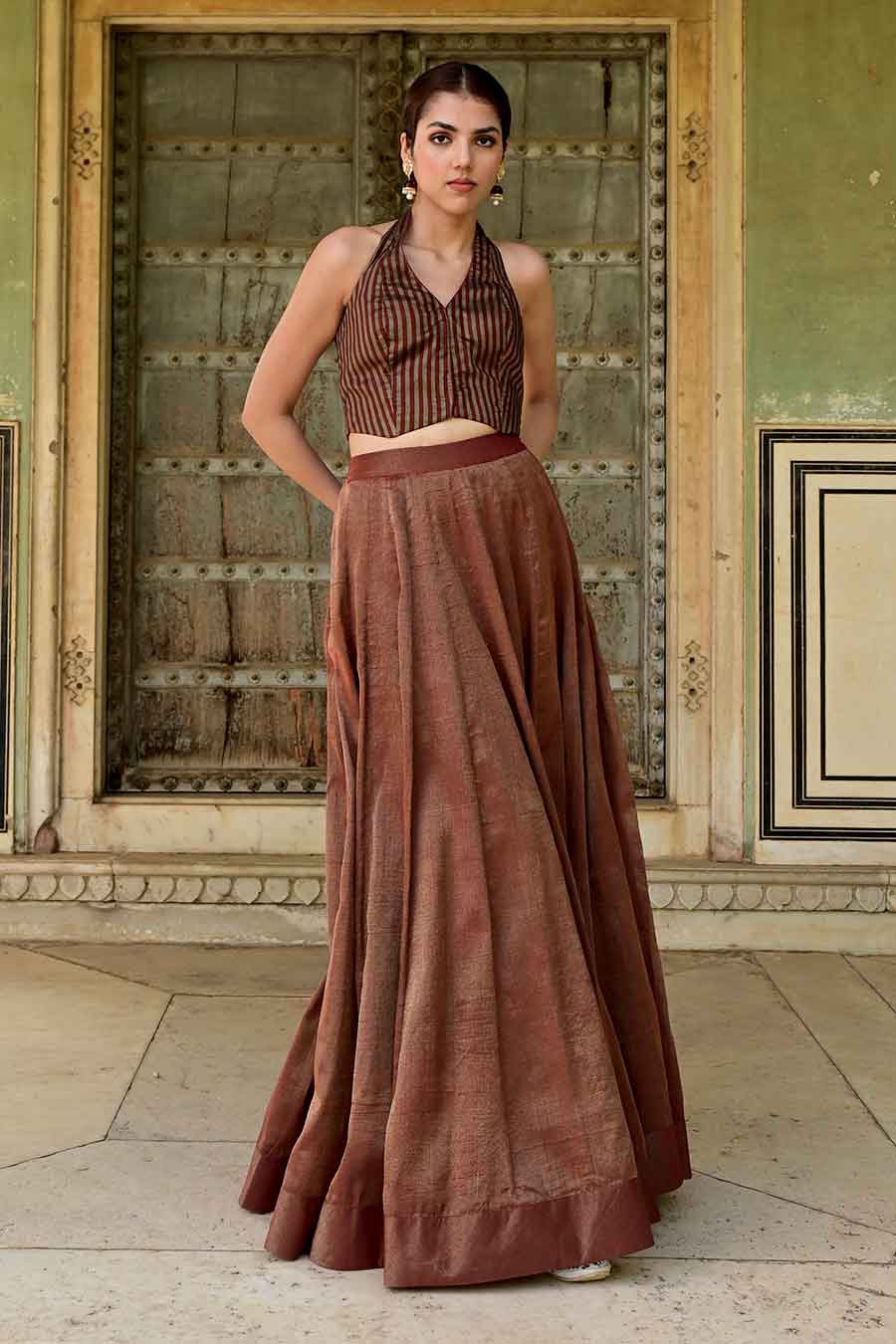 Sonjuhi Brown Striped Blouse and Lehenga Set