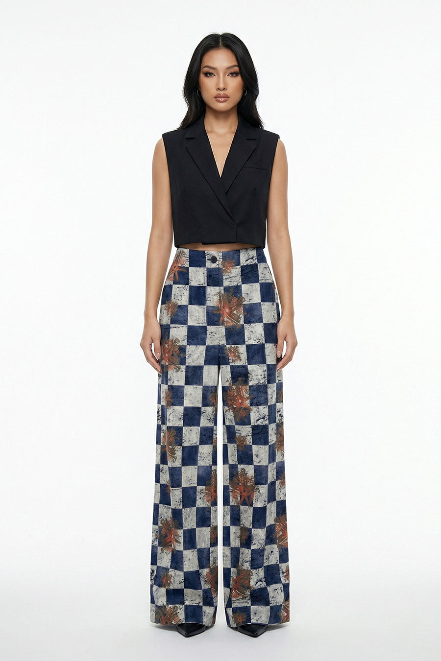 Blue Astral Dynasty Checkered Print Wide Pants