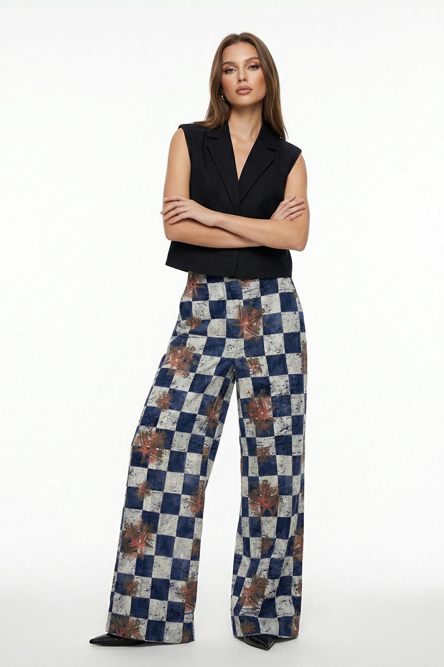 Blue Astral Dynasty Checkered Print Wide Pants