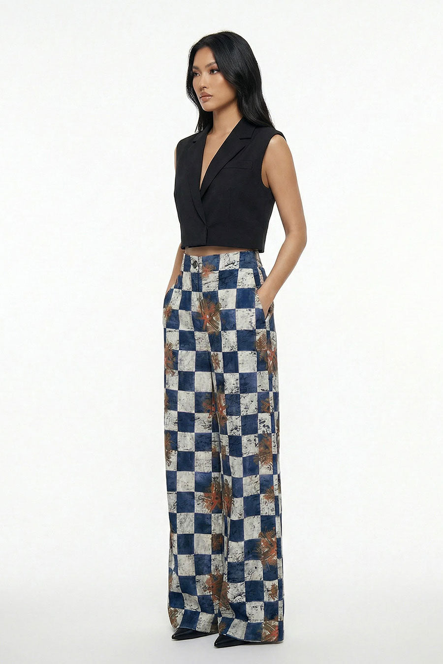 Blue Astral Dynasty Checkered Print Wide Pants