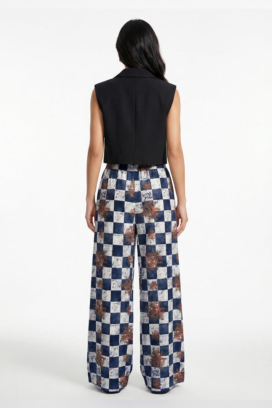 Blue Astral Dynasty Checkered Print Wide Pants