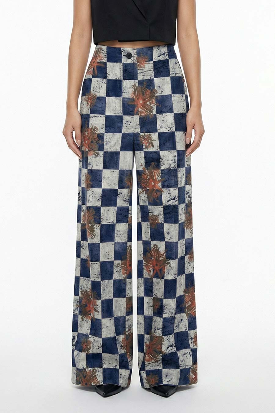 Blue Astral Dynasty Checkered Print Wide Pants