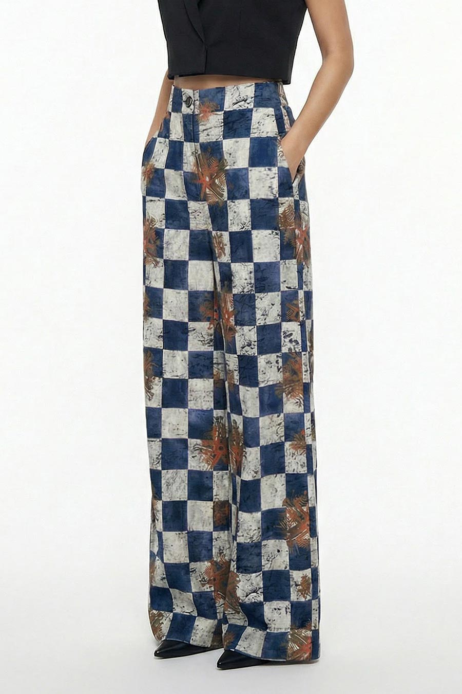 Blue Astral Dynasty Checkered Print Wide Pants