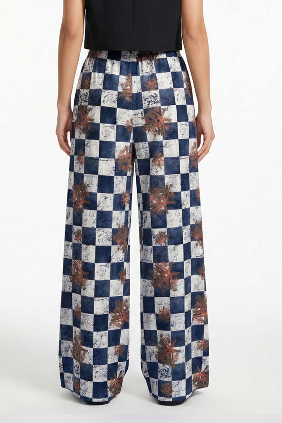 Blue Astral Dynasty Checkered Print Wide Pants