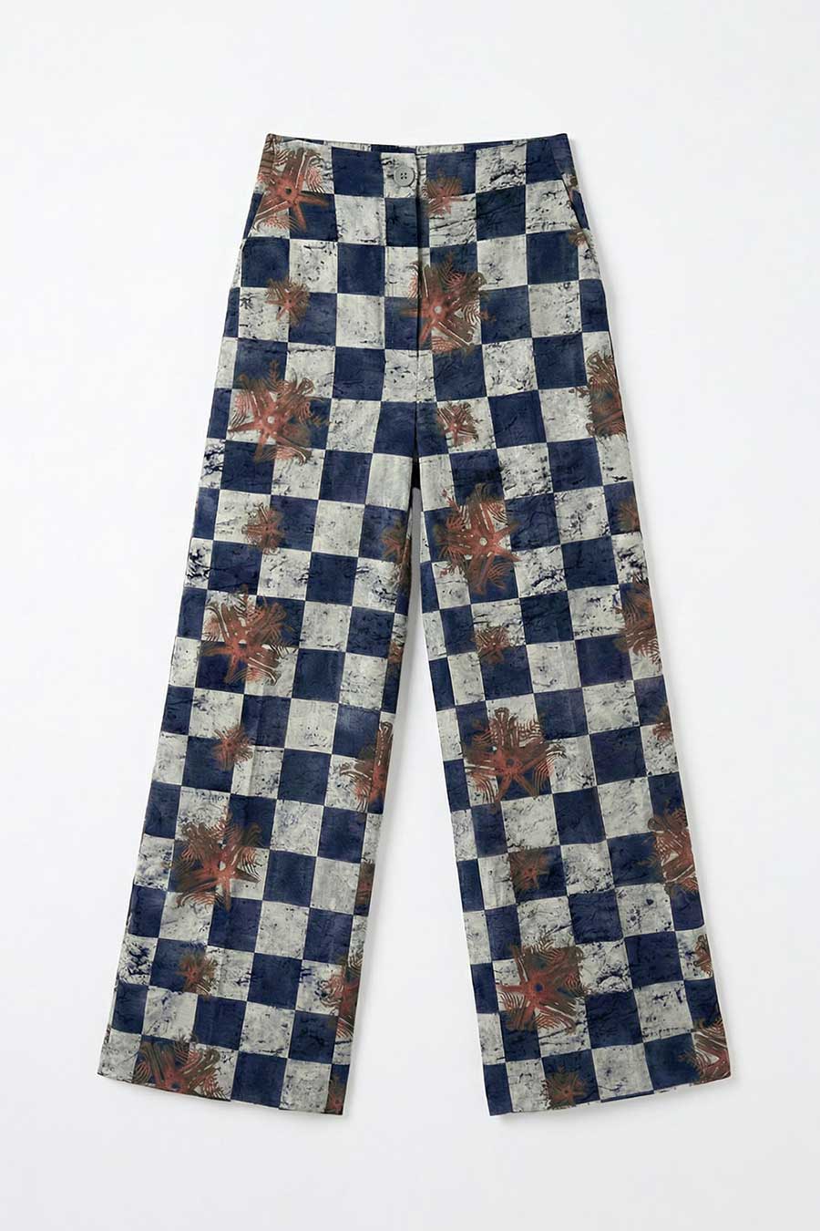 Blue Astral Dynasty Checkered Print Wide Pants