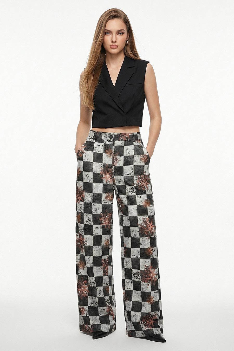 Grey Astral Dynasty Checkered Print Wide Pants