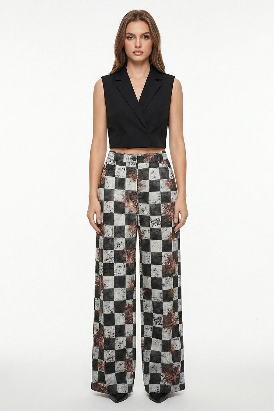 Grey Astral Dynasty Checkered Print Wide Pants
