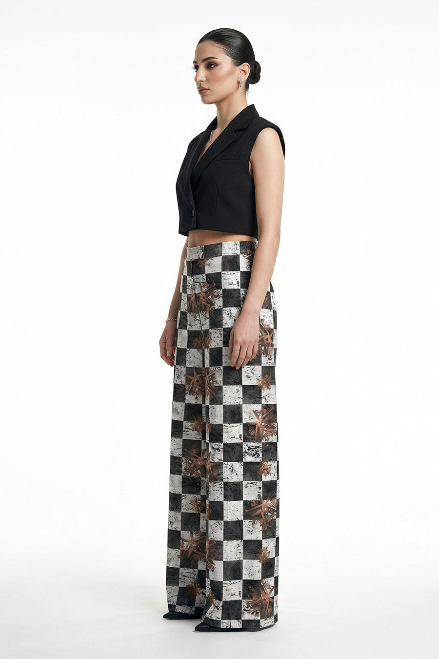 Grey Astral Dynasty Checkered Print Wide Pants