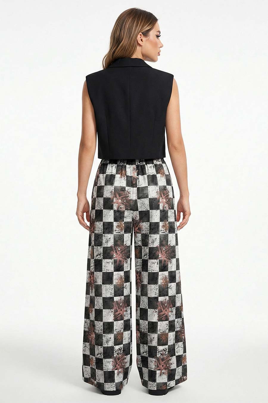 Grey Astral Dynasty Checkered Print Wide Pants