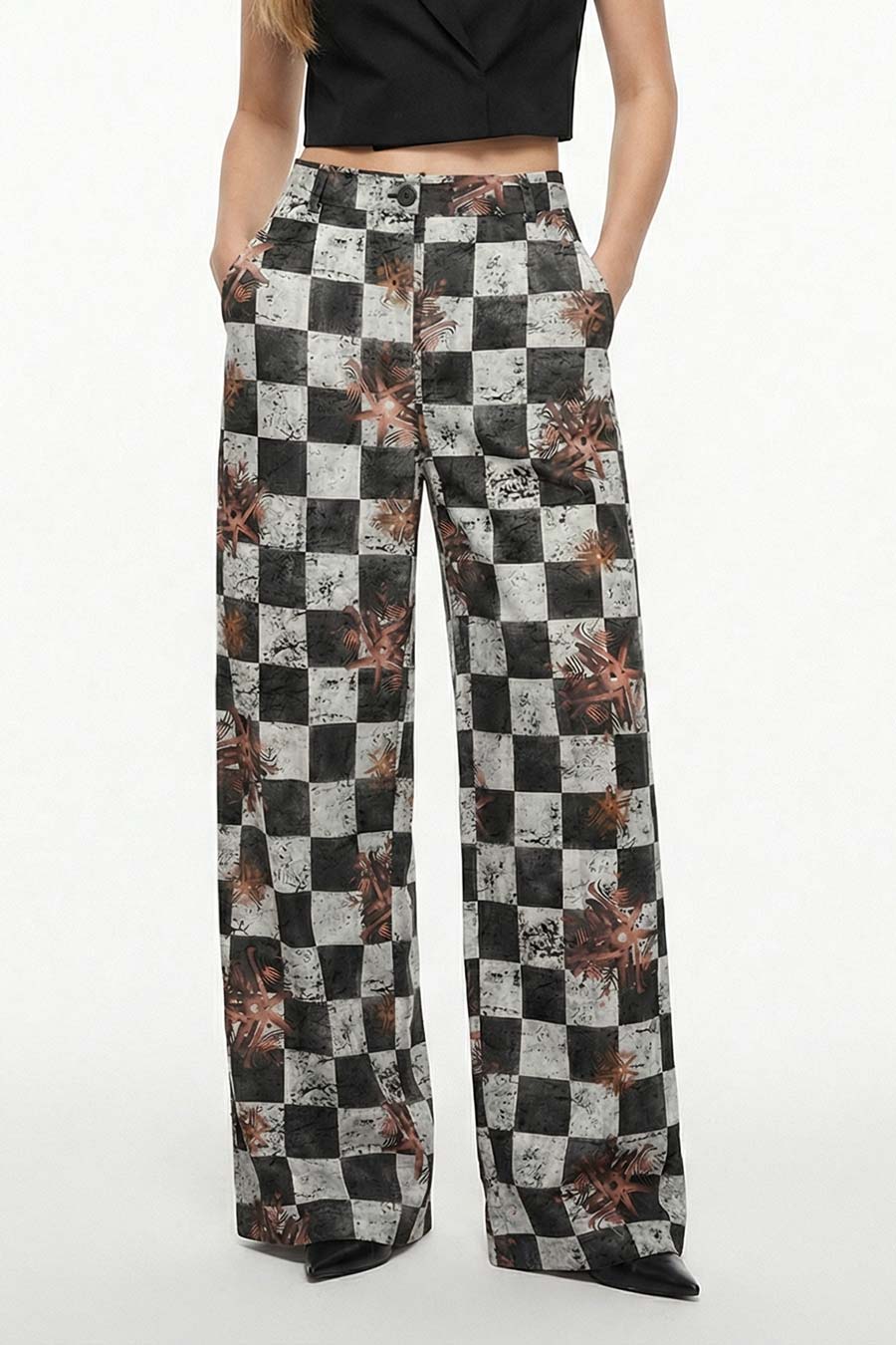 Grey Astral Dynasty Checkered Print Wide Pants