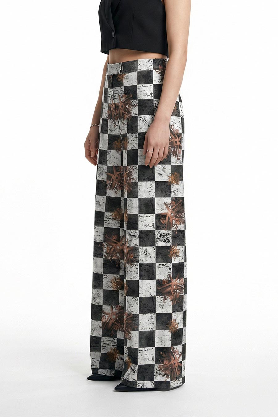 Grey Astral Dynasty Checkered Print Wide Pants