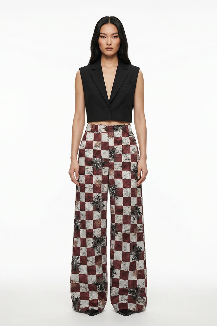 Burgundy Astral Dynasty Checkered Print Wide Pants