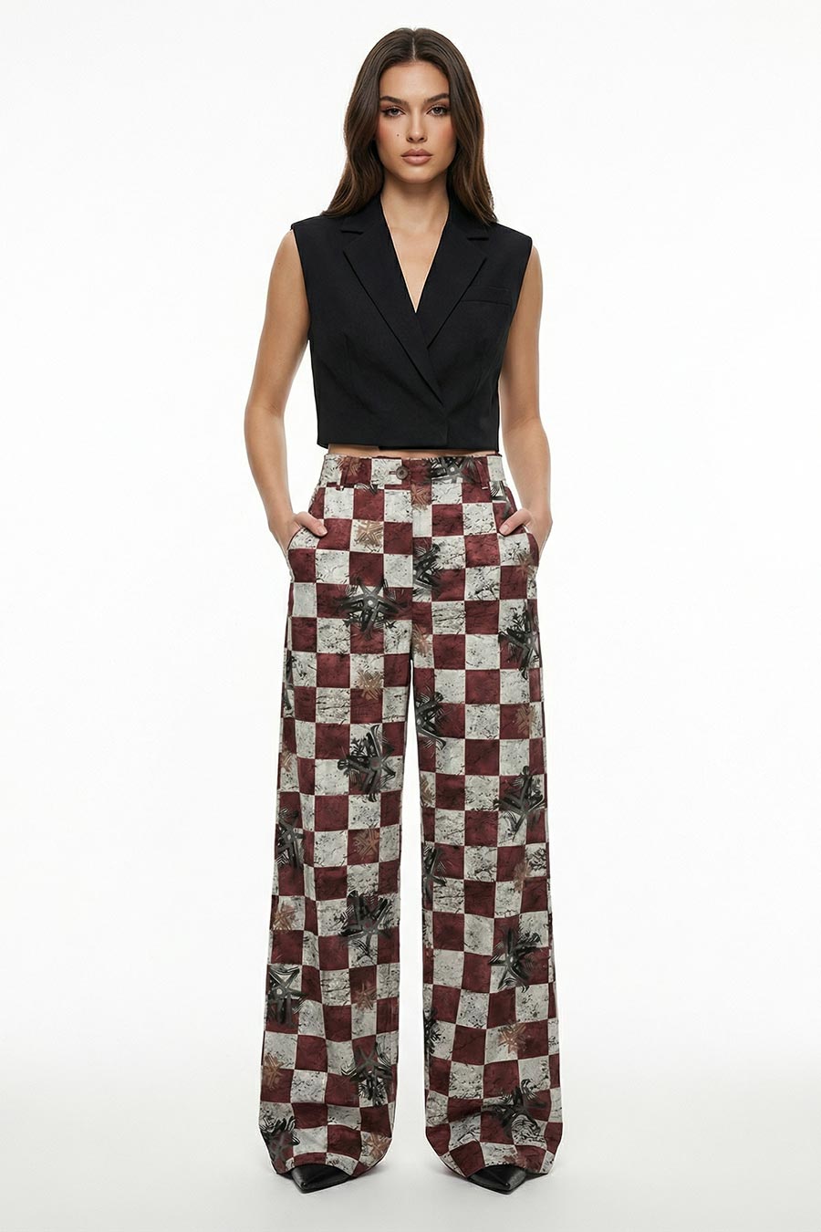 Burgundy Astral Dynasty Checkered Print Wide Pants