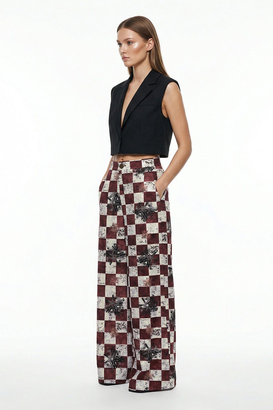 Burgundy Astral Dynasty Checkered Print Wide Pants