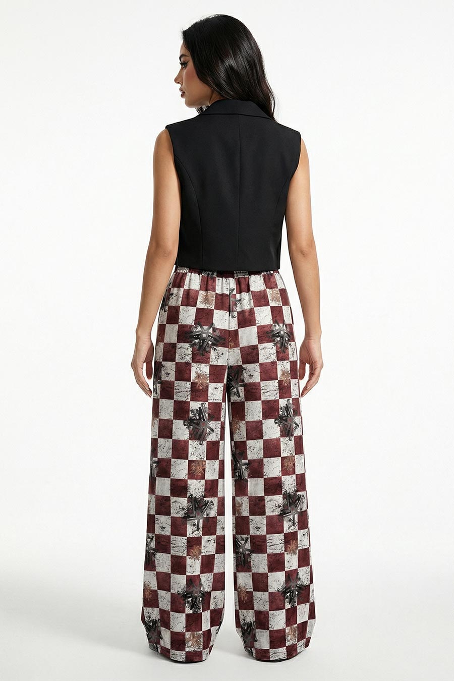 Burgundy Astral Dynasty Checkered Print Wide Pants