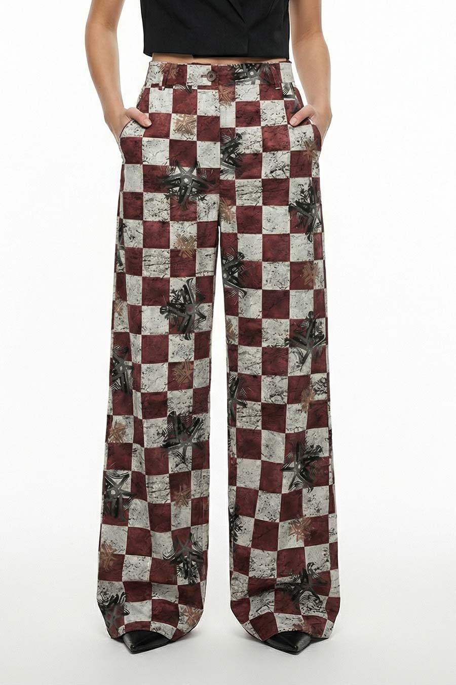 Burgundy Astral Dynasty Checkered Print Wide Pants