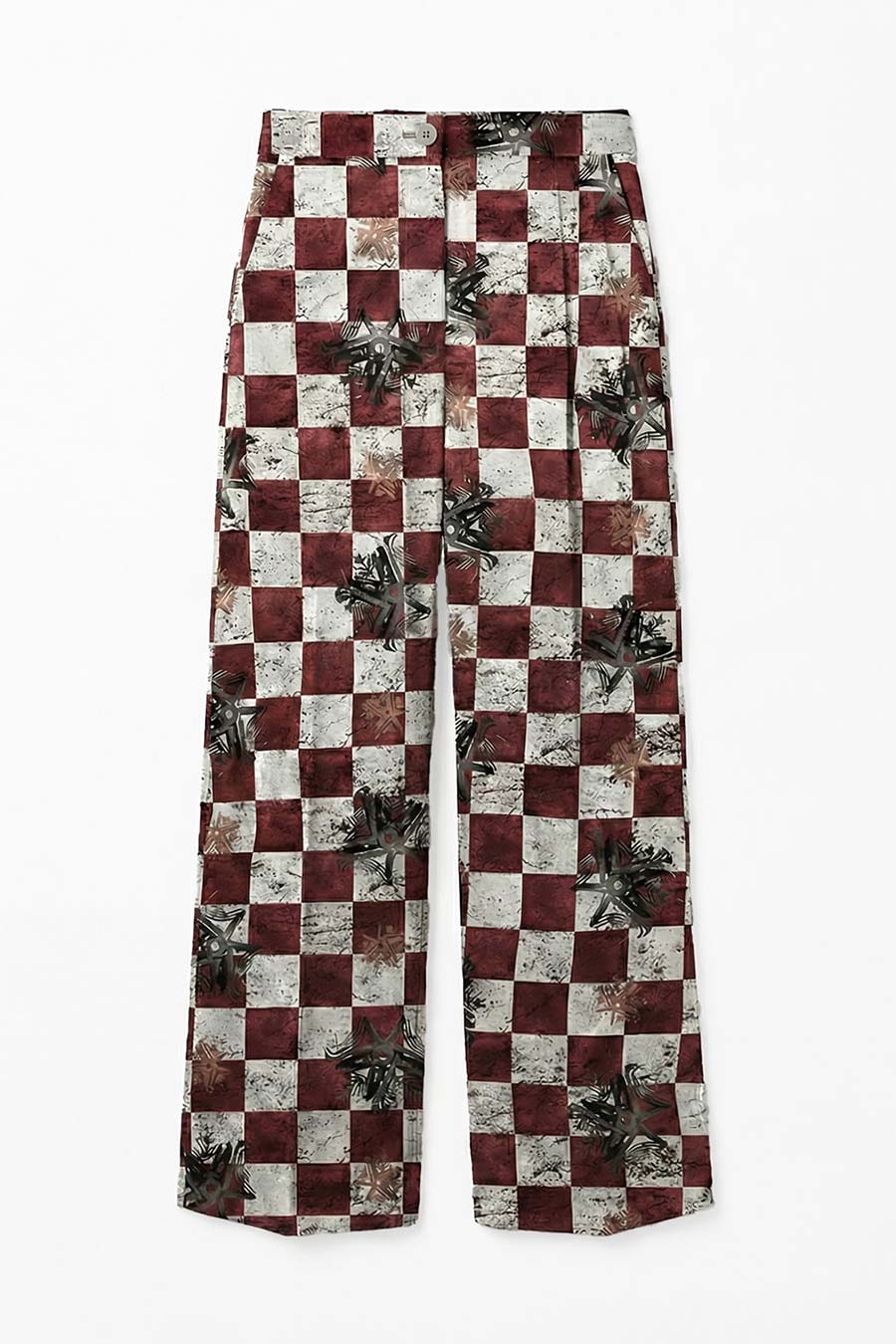 Burgundy Astral Dynasty Checkered Print Wide Pants